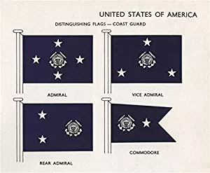 US Coast Guard Flags. Admiral. Vice Admiral. Rear Admiral. Commodore - 1958 - Old Print - Antique Print - Vintage Print - Printed Prints of USA