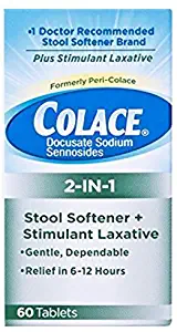 Colace 2-in-1 Stool Softener & Stimulant Laxative Tablets, 60 Count, Gentle Constipation Relief in 6-12 Hours