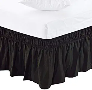 MEILA Three Fabric Sides Wrap Around Elastic Solid Bed Skirt, Easy On/Easy Off Dust Ruffled Bed Skirts 16 Inch Tailored Drop (Black Queen/King)