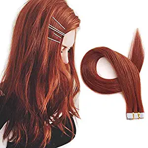 SHOWJARLLY 22" Remy Tape in Human Hair Extensions 50g 20Pcs/Set Dark Auburn/Vibrant Copper Red Brown (#33) Seamless Skin Weft PU Tape in Human Hair Extensions