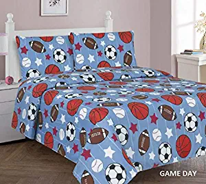 Sapphire Home 3 Piece Kids Boys Twin Sheet Set w/Fitted, Flat & 1 Pillow Case, Fun Print, Stars Sports Soccer Baseball Football Blue, Blue Color, Gameday Twin Sheet