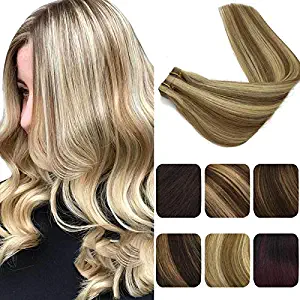 Labeh 14inches Tape in Hair Extensions Pu Remy Real Human Hair Extensions Ash Blonde Hightlighted Seamless Skin Weft Ombre Blonde Tape in Extensions 20pcs 50g (14inch, Ombre Highlight Blonde #16/22)