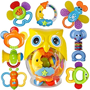 Baby Rattle Sets Teether Rattles Toys, 8pcs Babies Grab Shaker and Spin Rattle Toy Early Educational Toys with Owl Bottle Gifts Set for 3, 6, 9, 12 Month Newborn Infant Baby, Boy, Girl