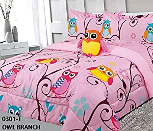 Sapphire Home 3pc Twin Size Kids Girls Teens Comforter Set w/Sham & Decorative Toy Pillow, Owl Branch Print Pink Yellow Turquoise Girls Kids Comforter Bedding Set, Twin 3pc Comforter Owl Branch