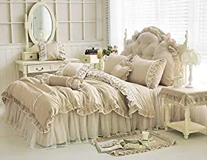 LELVA Shabby Ruffle Duvet Cover Set Full Cotton Chic Wrinkle Girls Bedding Khaki 4 Piece Romantic Lace Design Bed Skirt