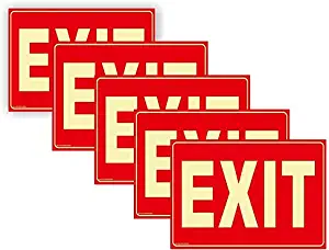 5 Pack Exit Sign Lighted Glow in The Dark for Business - Comes with 2-Sided Tape - Non-Fade Colors/Durable, UV Protected, Easy to Mount - Waterproof - Peel & Stick