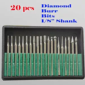 MTP Tm 20 Pcs Diamond Burr Bits Drill Glass Gemstone Metal for Dremel Craftsman Rotary Tool 1/8" Shanks w/ Box Tip