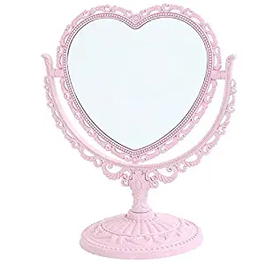 XPXKJ 7-Inch Tabletop Vanity Makeup Mirror with 3X Magnification, Two Sided ABS Decorative Framed European for Bathroom Bedroom Dressing Mirror (Pink Heart-Shaped)