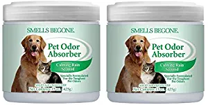 Smells Begone Air Freshener Pet Odor Absorber Gel - Made with Natural Essential Oils - Absorbs and Eliminates Odor in Pet Areas, Bathrooms, Cars, Boats (15 Ounce) (Pet Calming Rain Scent 2 Pack)