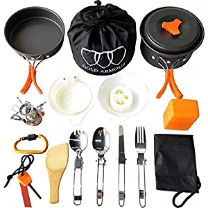 Gold Armour 10-17Pcs Camping Cookware Mess Kit Backpacking Gear & Hiking Outdoors Bug Out Bag Cooking Equipment Cookset | Lightweight, Compact, Durable Pot Pan Bowls