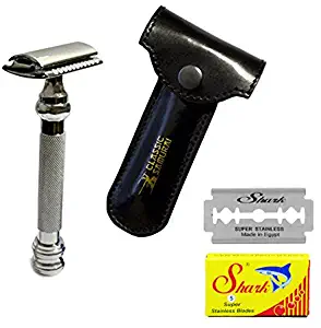 Classic Samurai CS-206 Heavy Duty"Barber Pole" Long Double Edge Safety Razor with Genuine Leather Shaving Travel/Protective Case and 5 Shark Super Stainless Steel Double Edge Blades