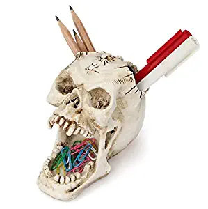 Skull Pen Pencil Holder Funny Makeup Brushes Organizer Cup Skeleton Head Stationery Holder Pins Paper Clips Organizer Spooky Decor Organizers Scary Halloween Decorations for Phone Remote Scissor Ruler