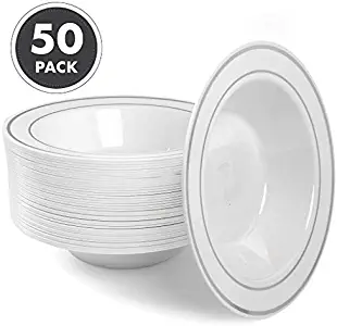 12oz Plastic Bowls Set of 50 - White Silver Rim 12 oz Disposable Bowl Pack…