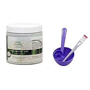 Indian Healing Clay & 4 in 1 Cosmetic DIY Facial Mask Bowl Brush Stick Measure Spoon (1 Lb, Purple)