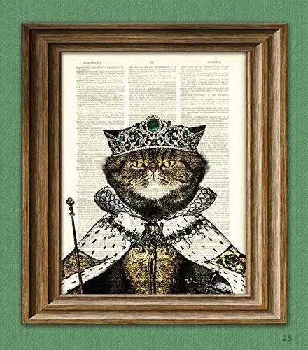 Princess Pretty Kitty Royal Cat With Emerald Tiara, Robes, and Scepter Illustration Beautifully Upcycled Dictionary Page Book Art Print