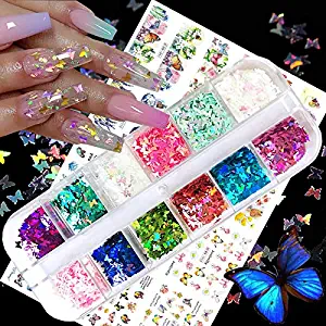 Nail Sequins Butterfly Glitter, 3D Nail Art Stickers Colorful Acrylic Laser Nail Glitter Flakes Holographic Nail Sparkle Tips DIY Decals for Nail Decorations Face Body Eye 12 Colors&12 Sheets