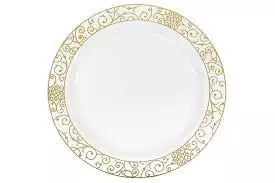 GOLD TRIM DISPOSABLE PLASTIC PLATES | PORCELAIN-LIKE DESIGN & FEEL | PREMIUM HEAVY DUTY DECORATIVE PLASTICWARE FOR WEDDING, THANKSGIVING, ANNIVERSARY, BIRTHDAY PARTIES | 10.25" DINNER PLATES & 7.5" SA