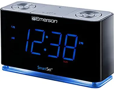 SmartSet Alarm Clock Radio with Bluetooth Speaker, USB Charger for iPhone and Android, Night Light, and Blue LED Display (Renewed)