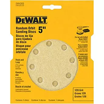 DEWALT DW4303 5-Inch 8-Hole 120-Grit Hook-and-Loop Random Orbit Sandpaper (5-Pack)