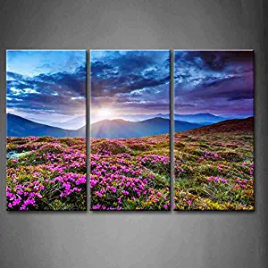 3 Panel Wall Art Blue Sunset Mountains Landscape Overcast Sky Storm Purple Flowers Carpathian Ukraine Painting The Flower Picture Print On Canvas Pictures for Home Decor Stretched by Wooden Frame