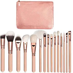 Doit Avoir Professional 15 pcs Goat Hair Makeup Brush Sets - Wooden Handle, Natural Super Soft Goat Hair Makeup Brushes (Rose Gold)