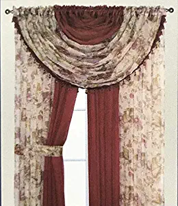 Complete Window Sheer Voile Curtain Panel Set with 4 Attached Panels (55x84 Each) and 2 Attached Valances with Beads and 2 Tiebacks - Easy Installation - Multicolor Floral Rose and Solid Burgundy