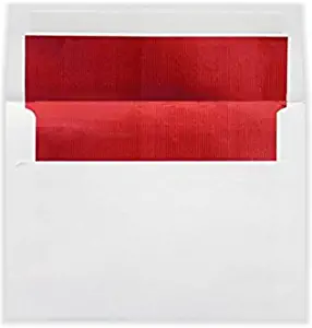 LUXPaper A7 Foil Lined Envelopes in 60 lb. White w/Red LUX Lining, Printable Square Flap Envelopes for Invitations with Peel and Press, 50 Pack, Envelope Size 5 1/4 x 7 1/4 (White)